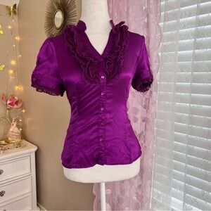 Y2k Purple satin blouse with ruffles and buttons